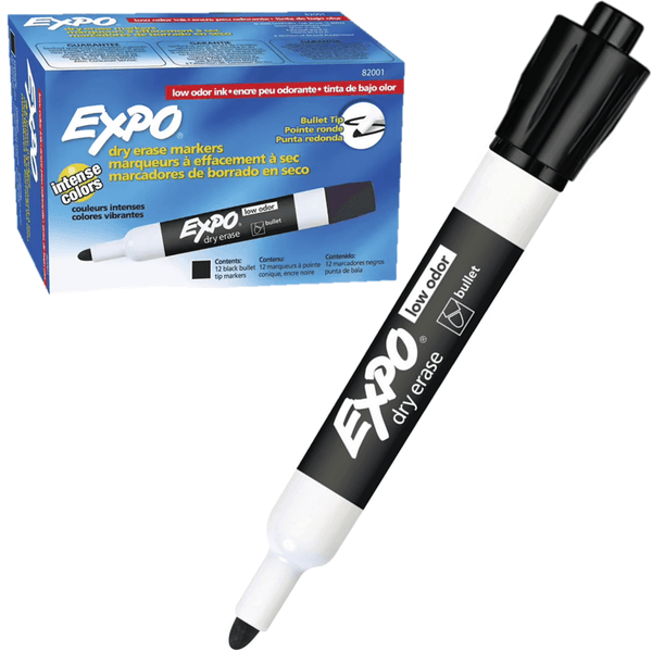 Expo Whiteboard Markers Bullet Tip Black Box 12 82001 (Box 12) - SuperOffice