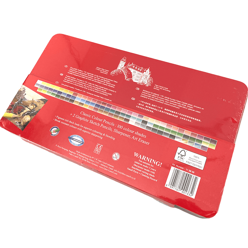 Faber-Castell 100 Classic Sketch Coloured Pencils Tin Set Sharpener 16-115805 (100 Tin) - SuperOffice