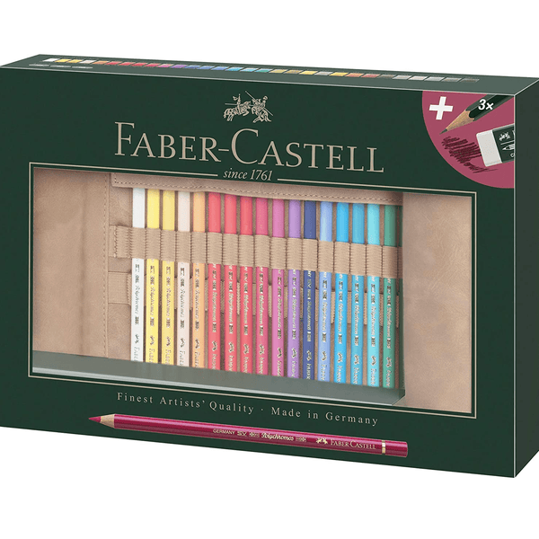 Faber-Castell 34pc Polychromos Artist Coloured Pencils Travel Roll Set Graphite Eraser 18-110030 - SuperOffice