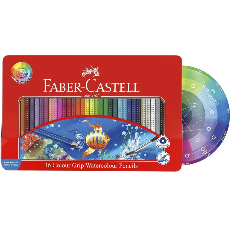 Faber-Castell 36 Watercolour Pencils Colour Grip Wheel Water Tin Set 16-116247 - SuperOffice