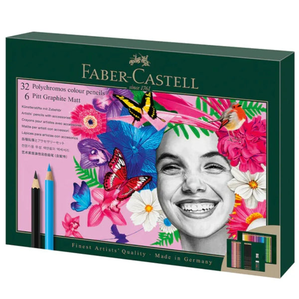 Faber-Castell 40pc Polychromos Colour & Pitt Graphite Matt Pencils Gift Set Eraser Sharpener 18-210053 - SuperOffice