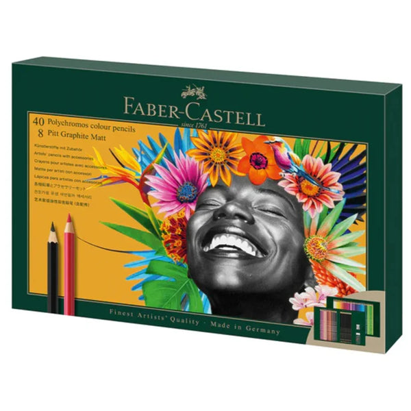 Faber-Castell 50pc Polychromos Colour & Pitt Graphite Matt Pencils Gift Set Eraser Sharpener 18-210054 - SuperOffice