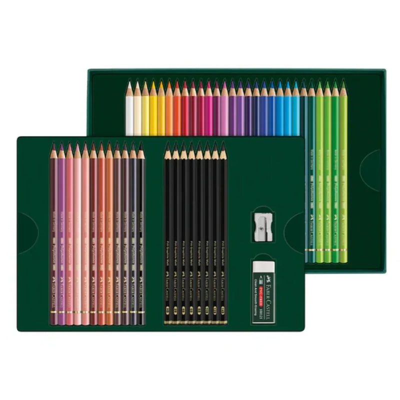 Faber-Castell 50pc Polychromos Colour & Pitt Graphite Matt Pencils Gift Set Eraser Sharpener 18-210054 - SuperOffice