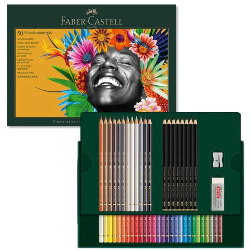 Faber-Castell 50pc Polychromos Colour & Pitt Graphite Matt Pencils Gift Set Eraser Sharpener 18-210054 - SuperOffice