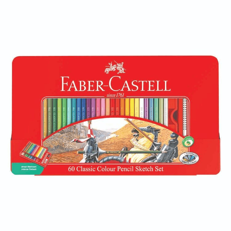 Faber-Castell 60 Classic Sketch Colour Pencils Tin Set Sharpener Eraser Graphite 115893 - SuperOffice