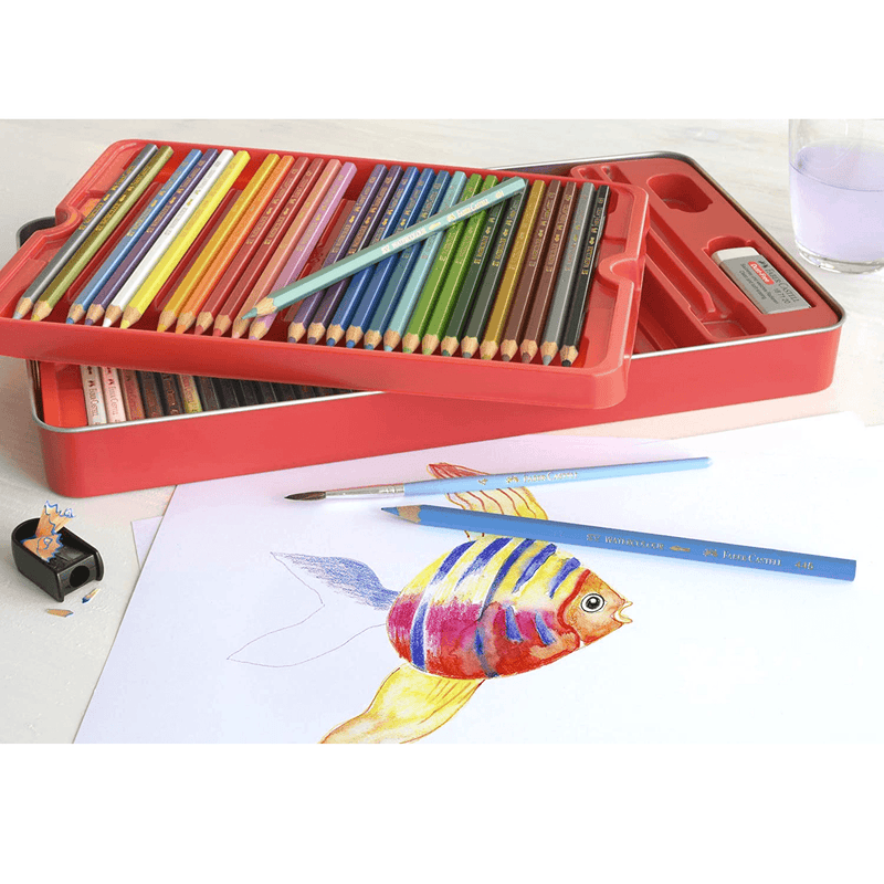 Faber-Castell 60 Watercolour Colour Pencils Tin Set Sharpener Eraser Brush 16-115964 - SuperOffice