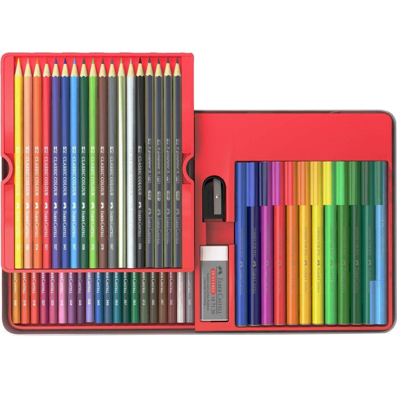 Faber-Castell 64 Pack Classic Coloured Pencils + Connector Marker Pens Tin Set Eraser Sharpener 63-115881 - SuperOffice