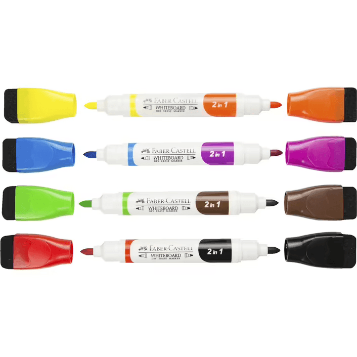 Faber-Castell Dual Tip 2in1 Whiteboard Markers Magnetic Eraser Caps Pack 4 67-010040 - SuperOffice