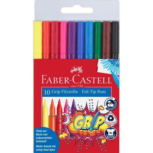 Faber-Castell Grip Triangular Colour Felt Tip Pens Markers Assorted Pack 10 50-155310 - SuperOffice