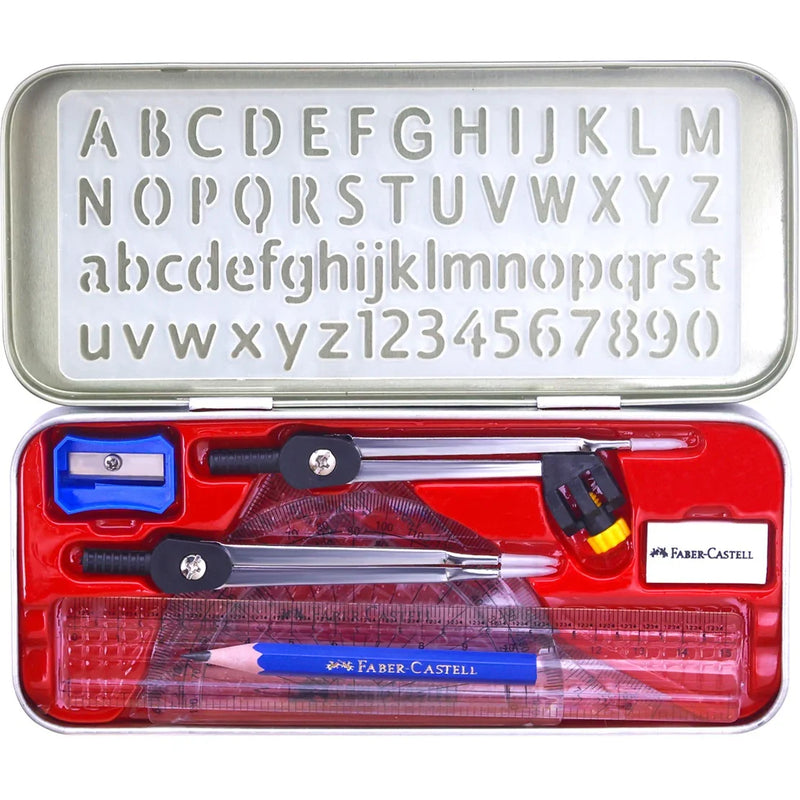 Faber-Castell MathMate Geometry Set Compass Ruler Protractor Stencil Tin Box 72-167310 - SuperOffice