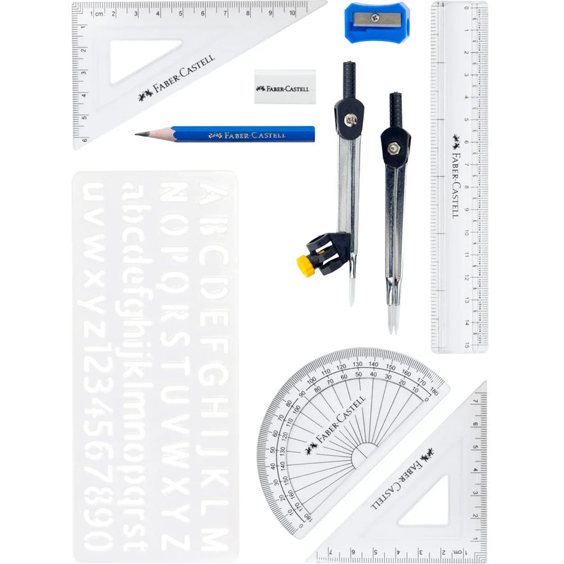 Faber-Castell MathMate Geometry Set Compass Ruler Protractor Stencil Tin Box 72-167310 - SuperOffice