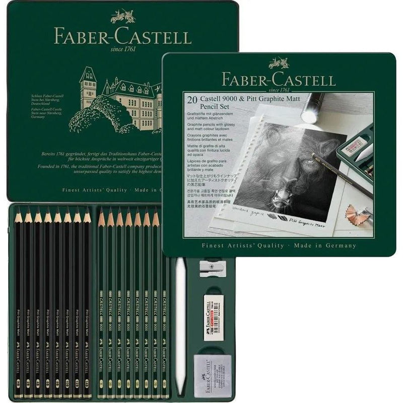 Faber-Castell Set Pitt Graphite Matt Pencils, Eraser, Sharpener & Castell 9000 Tin of 20 18-115224 - SuperOffice