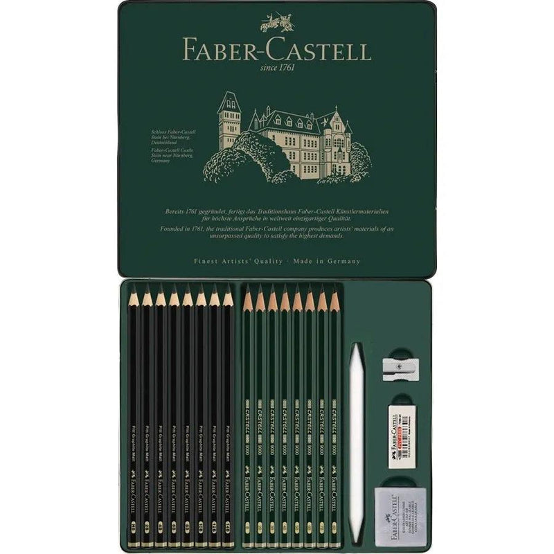 Faber-Castell Set Pitt Graphite Matt Pencils, Eraser, Sharpener & Castell 9000 Tin of 20 18-115224 - SuperOffice
