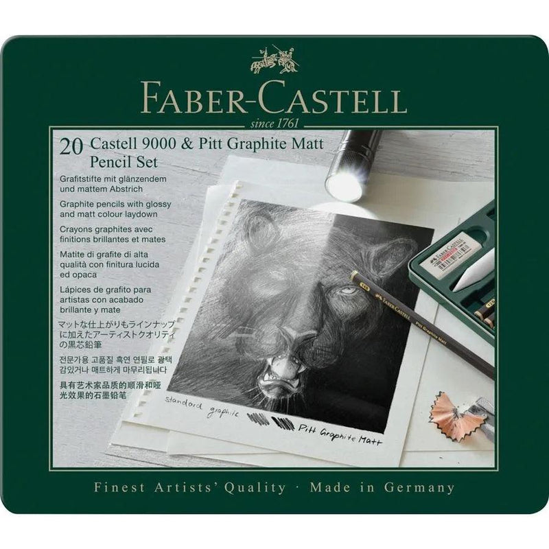 Faber-Castell Set Pitt Graphite Matt Pencils, Eraser, Sharpener & Castell 9000 Tin of 20 18-115224 - SuperOffice