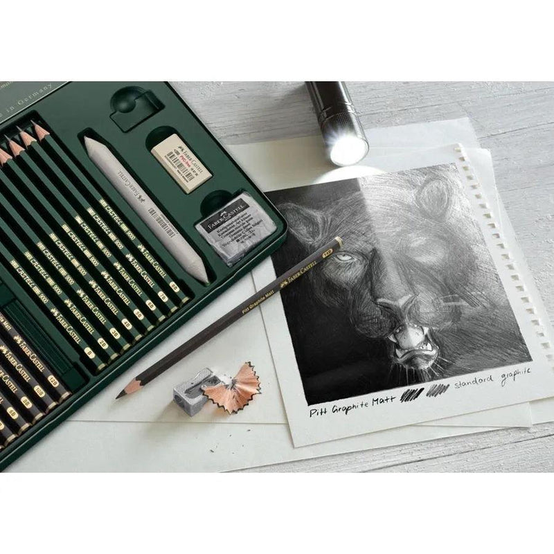 Faber-Castell Set Pitt Graphite Matt Pencils, Eraser, Sharpener & Castell 9000 Tin of 20 18-115224 - SuperOffice