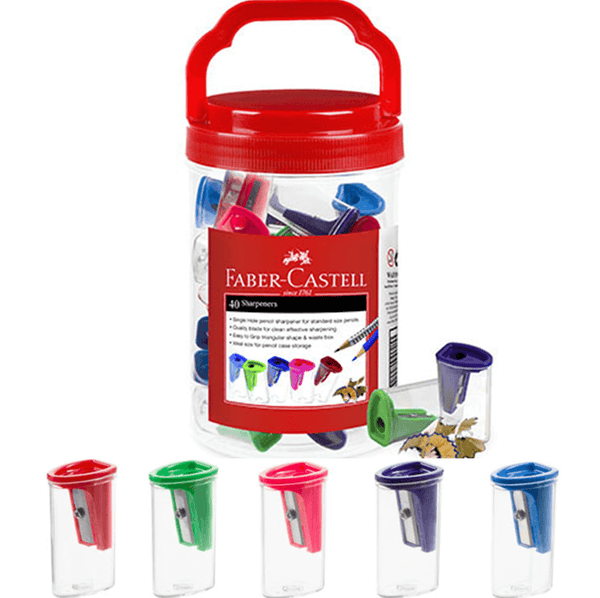 Faber-Castell Single Hole Pencil Sharpener Pack 40 Assorted Colours Tub 81125LVJAR - SuperOffice