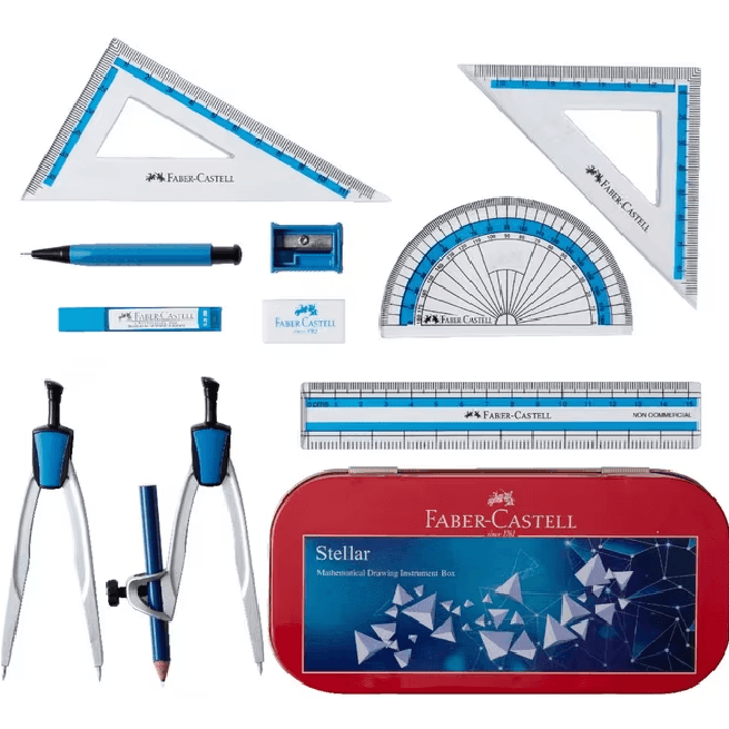 Faber-Castell Stellar Geometry Set Maths Mathematics 11 Pieces Blue Compass Protractor 367314 - SuperOffice
