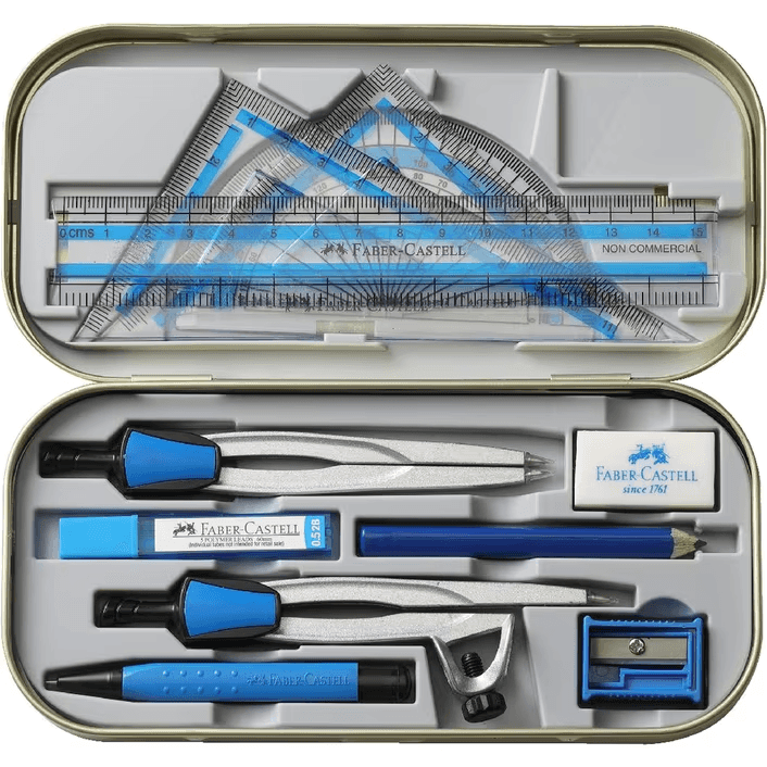 Faber-Castell Stellar Geometry Set Maths Mathematics 11 Pieces Blue Compass Protractor 367314 - SuperOffice