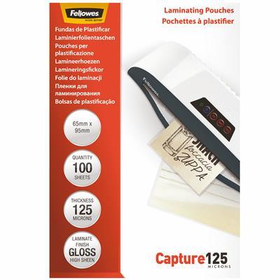 Fellowes Capture Laminating Pouch 125 Micron Gloss 65 X 95Mm Clear Pack 100 5306702 - SuperOffice