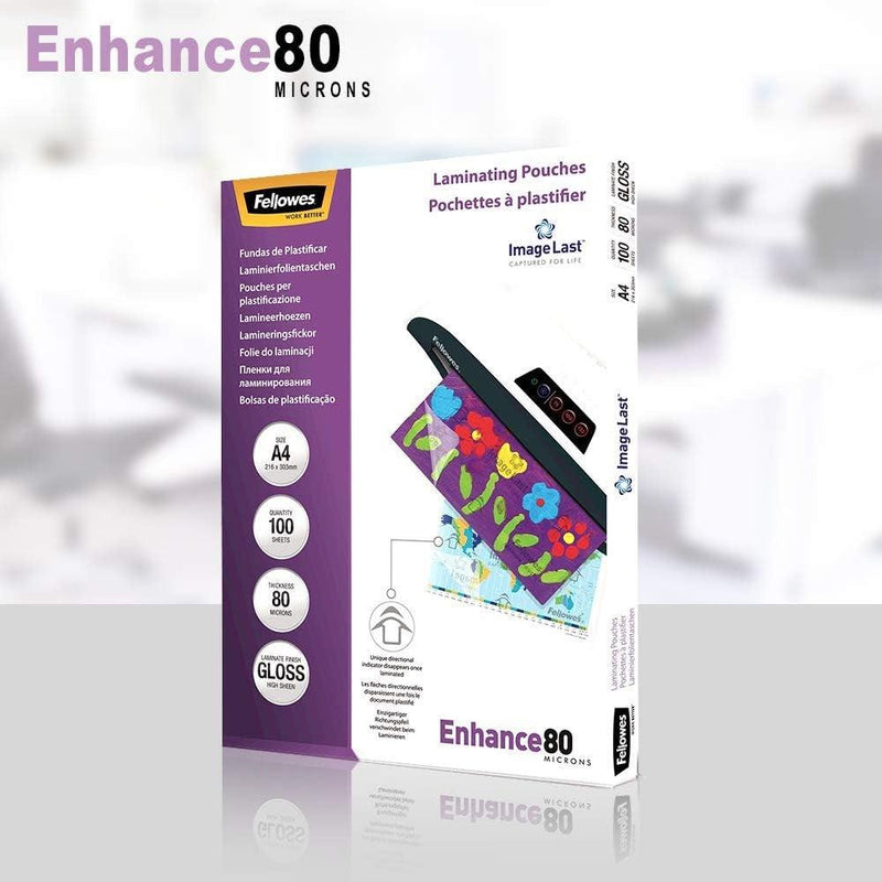 Fellowes Enhance Laminating Pouch Gloss 80 Micron A4 Clear Pack 100 5306114 - SuperOffice
