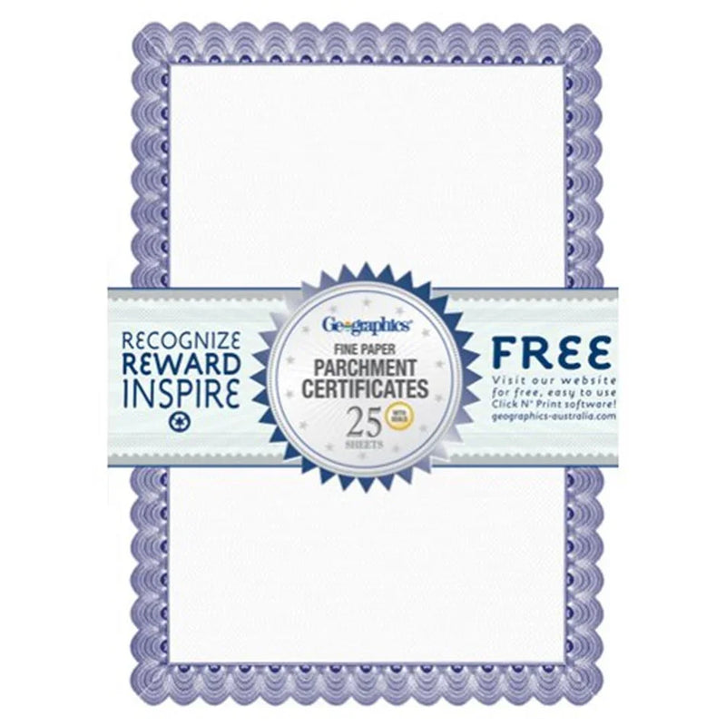 Geographics Fine Parchment Certificate paper with Blue Border A4 Pack 25 Sheets 02847 - SuperOffice