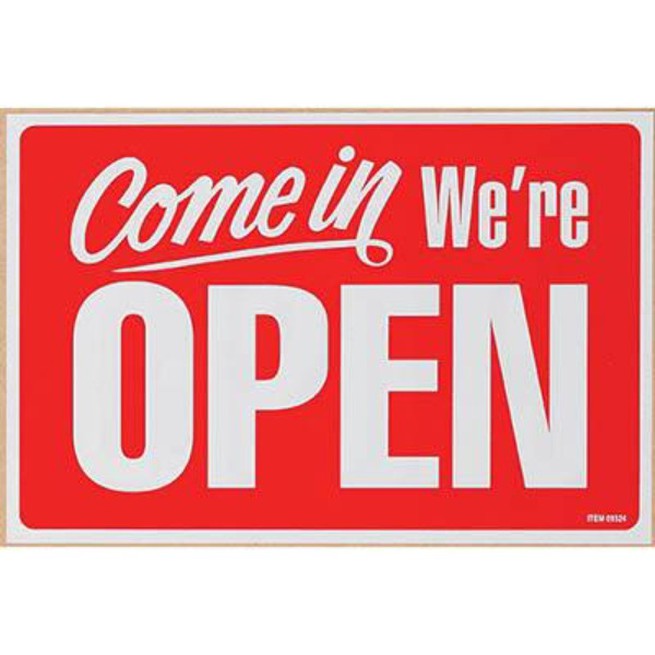 Headline Sign Come In We're Open Plastic 200x300mm Red/White Shop P8014 - SuperOffice