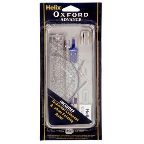 Helix Oxford Advanced Maths Set Clear 8 Piece Technical Compass Ruler Squares Protractor Tin Set 352410 - SuperOffice