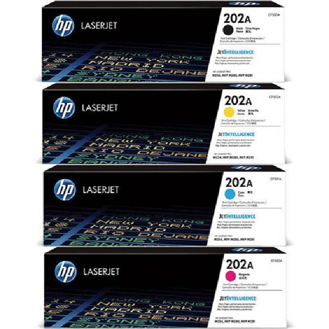 HP 202A LaserJet Toner Ink Cartridge Black Cyan Magenta Yellow Set JetIntelligence HP 202A Set - SuperOffice