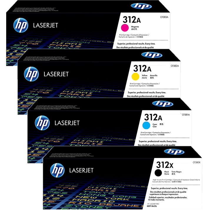 HP 312X/312A Toner Ink Cartridge LaserJet Pro Black/Cyan/Magenta/Yellow Bundle Set CF381A + CF382A + CF383A + CF380X - SuperOffice