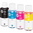 HP 32XL/31 Printer Liquid Ink Bottle High Yield Black Cyan Magenta Yellow Set 1VU28AA + 1VU27AA + 1VU26AA + 1VV24AA - SuperOffice