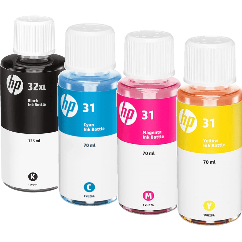HP 32XL/31 Printer Liquid Ink Bottle High Yield Black Cyan Magenta Yellow Set 1VU28AA + 1VU27AA + 1VU26AA + 1VV24AA - SuperOffice