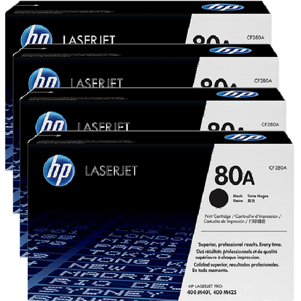 Hp 80A Toner Ink Cartridge Black LaserJet Pro 400 M401 M425 4 Pack Bulk CF280A (4 Pack) - SuperOffice