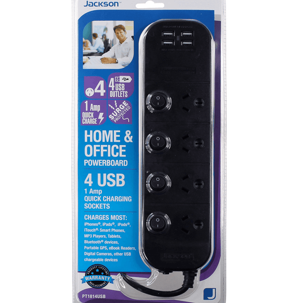 Jackson PT1814USB 4 Outlet Surge Protected Individually Switched Powerboard USB Charging Ports 1m PT1814USB - SuperOffice