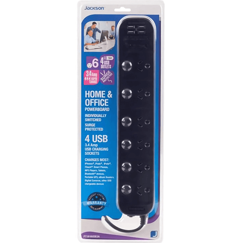 Jackson Surge Protected 6 Outlet 4 USB Power Board Individual Switch Black PT1816USB3A - SuperOffice