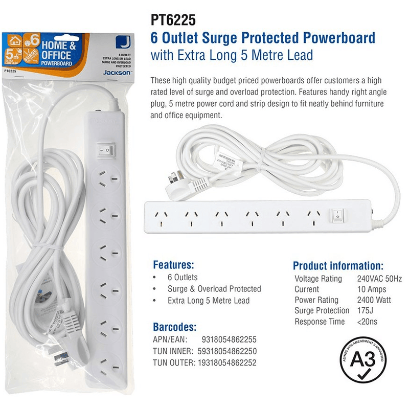 Jackson Surge Protected 6 Way Outlet Board Master Switch Power Board 5m Cable PT6225 - SuperOffice