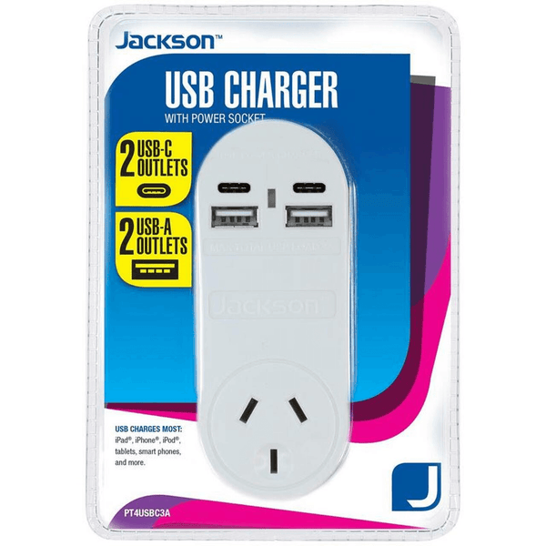 Jackson USB + USB-C Charger Wall Adapter Extender 4 Ports PT4USB3C - SuperOffice
