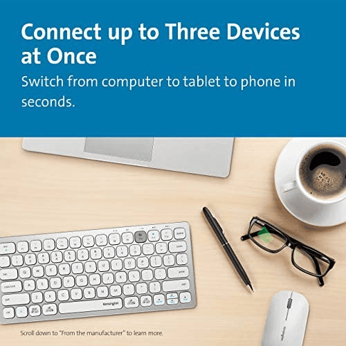 Kensington Compact Multi-Device Switchable Keyboard Wireless Bluetooth USB Silver White K75504US - SuperOffice