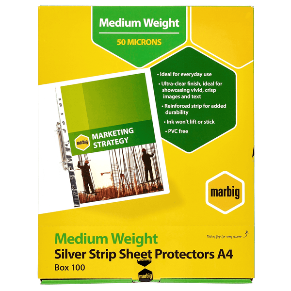 Marbig Deluxe Sheet Protectors Silver Strip A4 Box 100 25101 - SuperOffice