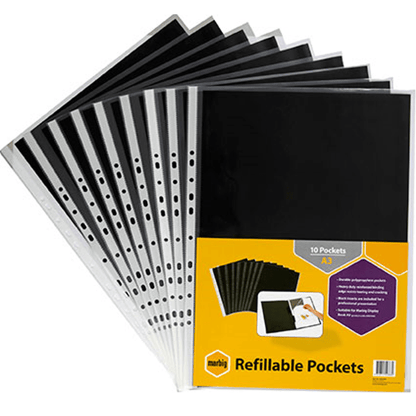 Marbig Display Book Refills Plastic Sleeves Portrait A3 Clear Pack 100 2003600 (10 Packs of 10) - SuperOffice