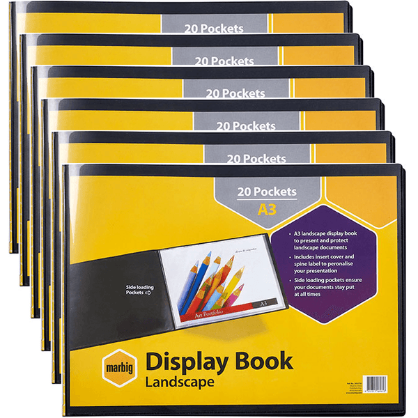 Marbig Display Presentation Book Landscape 20 Pocket Sleeves A3 Black Pack 6 2018702 (6 Pack) - SuperOffice
