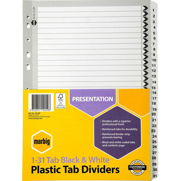 Marbig Divider 31-Tab A4 Black/White 35128F - SuperOffice