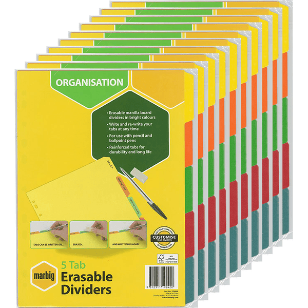 Marbig Divider Erasable Manilla 5-Tab A4 White 10 Pack 37900F (10 Pack) - SuperOffice