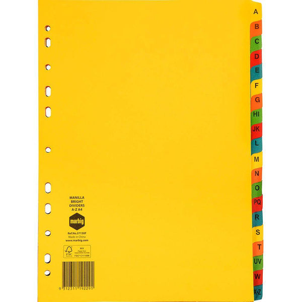 Marbig Divider Manilla A-Z Tab A4 Bright Assorted 37150F - SuperOffice