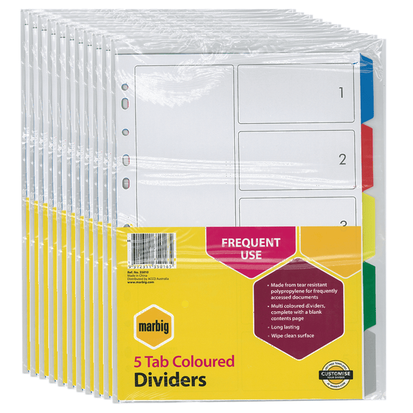 Marbig Divider Polypropylene 5-Tab Dividers A4 Anti Rip | SuperOffice