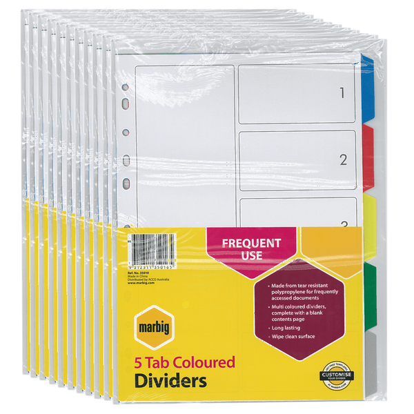 Marbig Divider PP Polypropylene 5-Tab A4 Assorted Anti Rip Tear Pack 10 35010 - SuperOffice