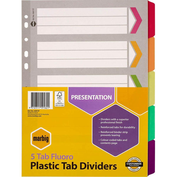 Marbig Divider Reinforced Manilla 5-Tab A4 Fluoro Assorted 36011F - SuperOffice