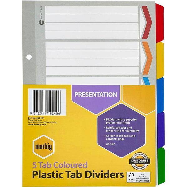 Marbig Divider Reinforced Manilla 5-Tab A5 Assorted 35042F - SuperOffice