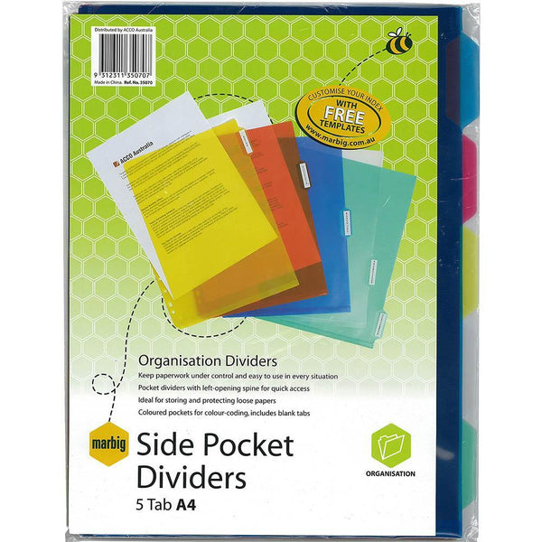 Marbig Divider Side Pocket Pp 5-Tab A4 Assorted 35070 - SuperOffice