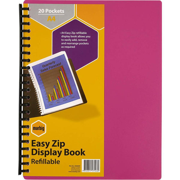 Marbig Easyzip Refillable Display Book 20 Pocket A4 Pink 2008309 - SuperOffice