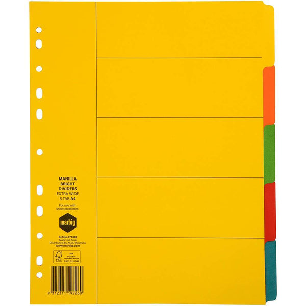 Marbig Extra Wide Divider Manilla 5-Tab A4 Bright Assorted 37180F - SuperOffice